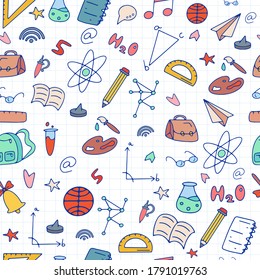 Funny seamless pattern with school supplies and creative elements on the background of a notebook sheet. Back to school. Vector illustration. School doodles icons illustration. against the background 