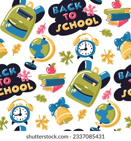 Funny seamless pattern with school supplies and creative elements. We're going back to school. Briefcase, book, alarm clock, bell, globe, autumn foliage, inscription back to school. School packaging