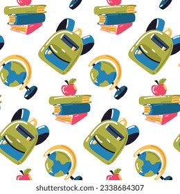 Funny seamless pattern with school supplies and creative elements. We're going back to school. Briefcase, book, apple, globe. Autumn school motif on a white background. School packaging