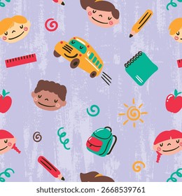 Funny seamless pattern with school supplies and creative elements. Back to school background.