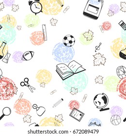 Funny seamless pattern with school supplies and creative elements for textile fabric design, wrapping paper and website wallpapers. Vector illustration.