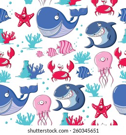 Funny seamless pattern with sea animals