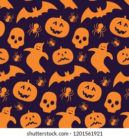 Funny seamless pattern with silhouette of pumpkin, bat, ghost and skull. Repetitive vector wallpaper for Halloween.