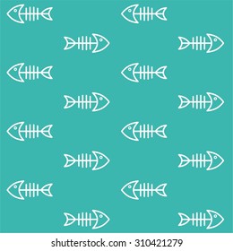 Funny Seamless Pattern of Skeleton of Fish with turquoise background. Vector illustration.