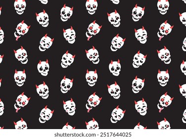 Funny seamless pattern with skulls. Skull with red horns. Halloween pattern.