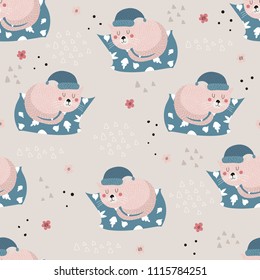 Funny seamless pattern with sleeping cat on pillow. Vector illustration for children.