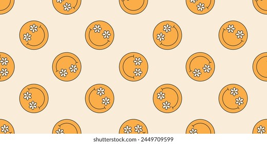 Funny seamless pattern with smile and daisies, in retro groovy style on light background, 60s, 70s, vintage. Vector illustration EPS10