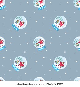Funny seamless pattern with snow globes and cheerful cats. Vector background.