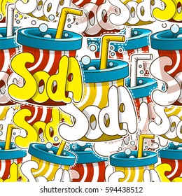 Funny seamless pattern with soda. Vector illustration for design of packing of the beverage.