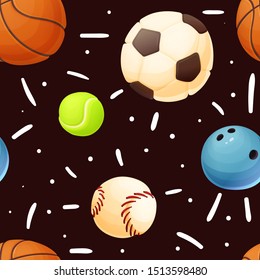 Funny seamless pattern with sport balls - basketball, baseball, football, bowling and big tennis. Good for textile and wallpaper for kids. Vector illustration in flat cartoon style