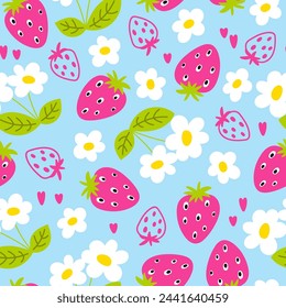 Funny seamless pattern of strawberry with green leaves and cute flowers on light blue background  Floral design for children in vector. Perfect for wallpaper, wrapping paper, fabric or textile.