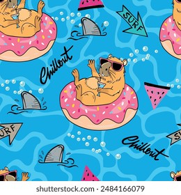 Funny seamless pattern with summer capybara. Cartoon capybara for prints on T-shirts, children's clothing, cards and more