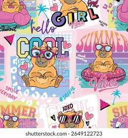 Funny seamless pattern with summer capybara. Cartoon capybara for prints on T-shirts, children's clothing, cards and more