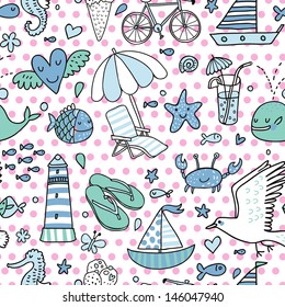 Funny seamless pattern with summer elements: lounge, seagull, umbrella, bicycle, ice-cream, crab, whale, cocktail, lighthouse, fishes, yacht, seahorse. Cute vector vacation texture. Holiday background
