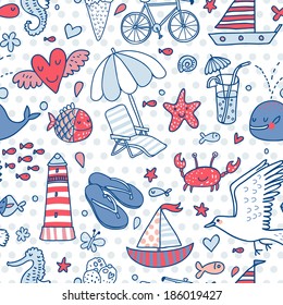 Funny seamless pattern with summer elements: lounge, seagull, umbrella, bicycle, ice-cream, crab, whale, cocktail, lighthouse, fishes, yacht, seahorse. Cute vector vacation texture in blue colors