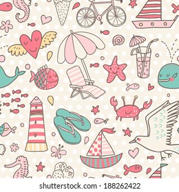 Funny seamless pattern with summer elements: lounge, seagull, umbrella, bicycle, ice-cream, crab, whale, cocktail, lighthouse, fishes, yacht, seahorse. 