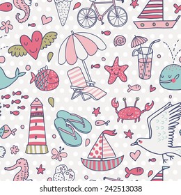 Funny seamless pattern with summer elements: lounge, seagull, umbrella, bicycle, ice-cream, crab, whale, cocktail, lighthouse, fishes, yacht, seahorse in light pastel colors