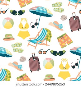 Funny seamless pattern with summer vacation and traveling objects.Cartoon background with suitcase, swimsuit, beach chair, sunglasses, flip-flops.Vector design for printing on fabric and paper.