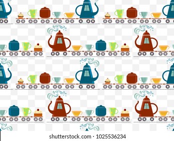 Funny seamless pattern with "tea set train" departing to tea time/coffee meeting