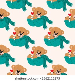 Funny seamless pattern with Teddy bear in a scarf and sweater.Cute character showing heart gesture.Retro background for printing on fabric and paper.Vector flat color illustration on white.