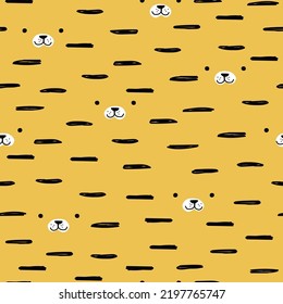 Funny seamless pattern with tigers stripes and faces. Cute kids print. Vector hand drawn illustration.