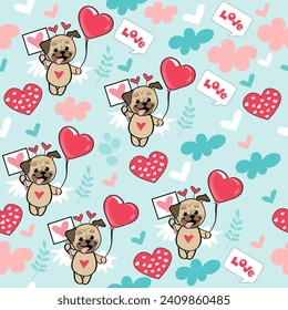 Funny seamless pattern with valentines cartoon cupid pug dogs and hearts on a blue background. Vector illustration for Valentine's Day and birthday