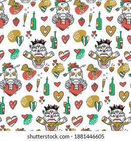 A funny seamless pattern for Valentine's day, called "Even death won't do us part!" Made in a bright tattoo style, it is perfect for an unusual gift design, printing on gift paper, postcards or fabric