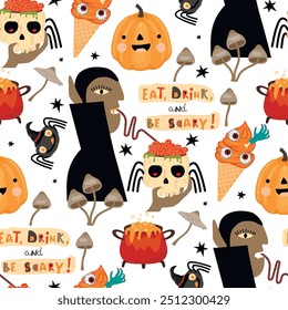 Lustiges, nahtloses Muster mit Vampir.Halloween-Figuren und handgeschriebene Eat,Drink and be Scary!Tränk, Eis, Spinne, Kürbis mit Gesicht und Pilzen.Vektordesign zum Drucken auf Stoff,Papier.