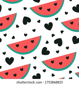 Funny seamless pattern with watermelon slices and hearts. Flat vector illustration. Colorful elements on a white background. Summer mood for your design.