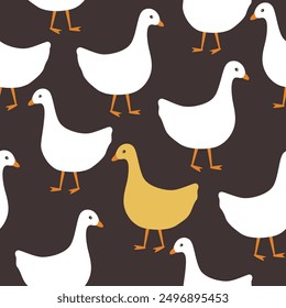 Funny seamless pattern with white and yellow ducks or geese. Vector illustration on brown background