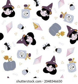 Funny seamless pattern with witch and magic objects. Halloween print. Vector hand drawn illustration.