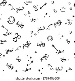 Funny seamless pattern, youth themes, pictograms. Fun background for party, holiday. Texture with text happiness, party, smile, glow, relaxe.