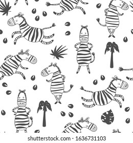 Funny seamless pattern with zebras, palms and footprints in black and white. Creative illustration for kids design, wallpaper, wrapping or textile.