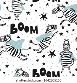 Funny seamless pattern with zebras superheroes, stars and the word boom on a white background. Creative kids texture for fabric, wrapping, textile, wallpaper. Vector illustration in black and blue.