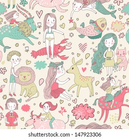 Funny seamless pattern with zodiac sign. Cute children with animals. Capricorn, pisces, aquarius, virgo, cancer, taurus, leo, libra, sagittarius.