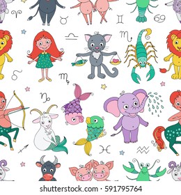 Funny seamless pattern with zodiac sign. Cute illustration in white background. Pisces scorpio gemini aries aquarius virgo cancer taurus leo libra sagittarius capricorn