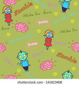 Funny seamless pattern with zombies and brain. Vector illustration