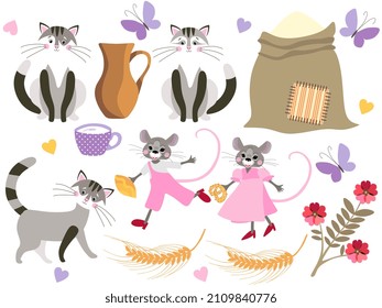Funny seamless print for bedding with cute cartoon cats, mice, jug of milk, cup, sack of flour, ears of corn, flowers, butterflies, hearts isolated on a white background. Beautiful vector illustration