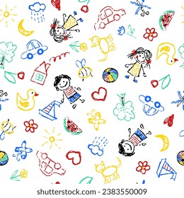 Funny seamless print. Children's drawings. Prints for clothes. Drawing with wax crayons on a white background. Children, flowers, trees, cars, animals, house, heart