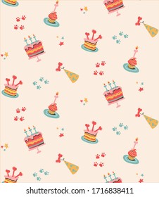 Funny seamless print of festive attributes for a dog party. Flat vector background with cakes, caps, dog footprints. Isolated on beige, green, red, pink, yellow. For printing, wallpaper. 