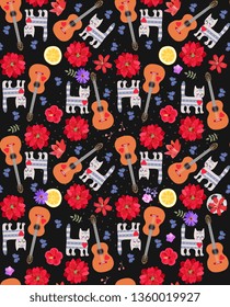 Funny seamless print with little tabby kittens, guitars, flowers and butterflies on a black background.