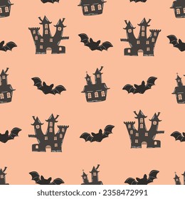 Funny seamless repeat pattern with castles and bat.Silhouettes  in gray on a pink background.Halloween print on fabric and paper.Monochrome endless wallpaper.Vector hand drawn seasonal illustration.