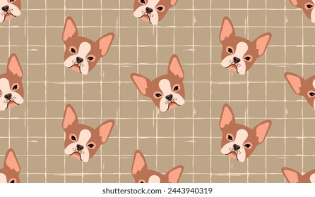 Funny seamless repeat pattern with dog head  on a beige checkered background.Cute animal print on fabric and paper.Vector pet design for zoo marketing, veterinary.Nursery wall decor,cover,card.