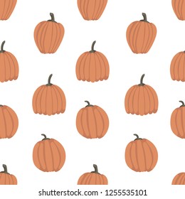 Funny seamless Scandinavian pattern with orange pumpkins. Pastel colours. White background. Flat cartoon style vector illustration.