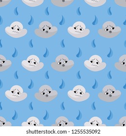Funny seamless Scandinavian pattern with sad clouds and rain drops. Pastel colours. Blue background. Flat cartoon style vector illustration.