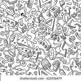 Funny Seamless Technology Background in Doodle Style. Black and White Mix of Different Plugged Techno Item. Abstract Hand Drawn Vector Illustration