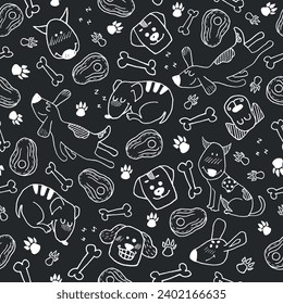 Funny seamless template with hand drawn dogs, paw prints and bones. Vector animal character in white color on black background. Cute surface design for textile, wrapping paper