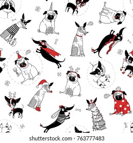 funny seamless texture with dogs in christmas costumes, vector illustration