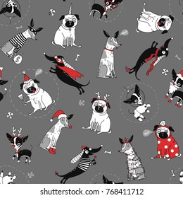 textura divertida y transparente con perros con disfraces de Navidad, ilustración vectorial