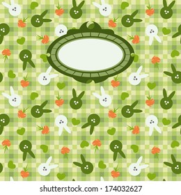 Funny seamless texture with rabbits and carrot hearts with place for text. 